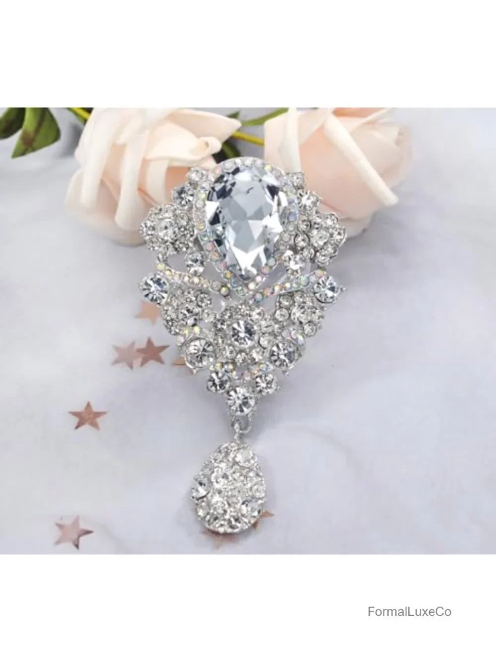 Large Rhinestone Floral Brooch Pin for Jackets, Suits, Wedding - 3.8